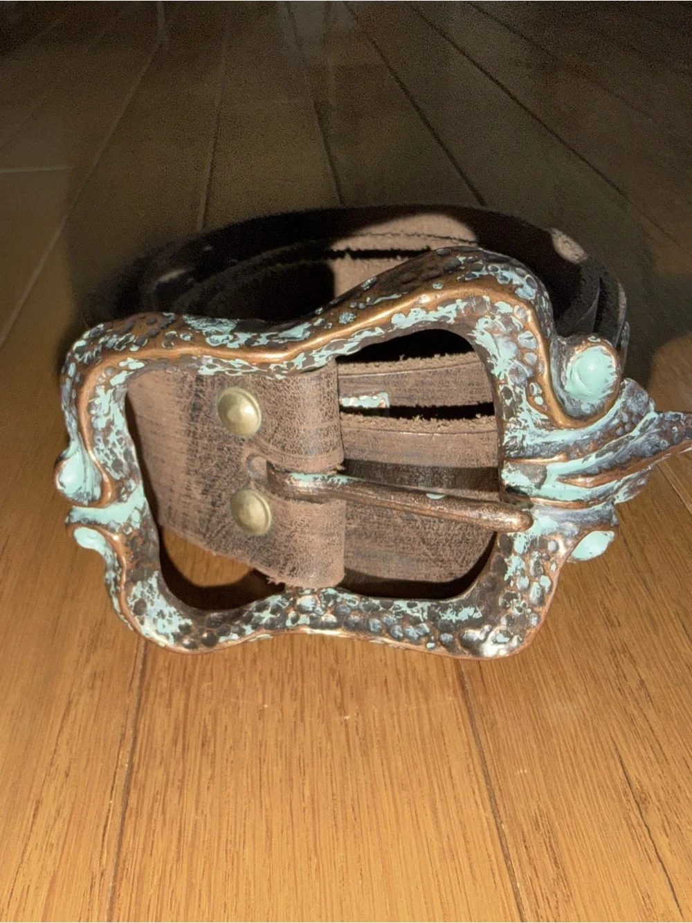 Papa & K Distressed Brown Leather Belt with Distressed Patina Buckle, Size 32